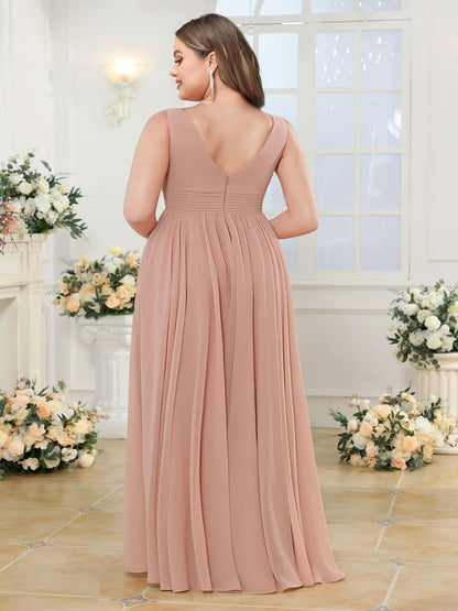 Robe de Mariée Longue Grande Taille, Coupe Trapèze/Princesse, Col en V avec Fentes Latérales et Poches