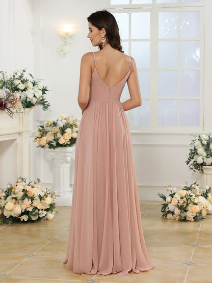 Robe de Mariée Longue à Bretelles Spaghetti et Coupe Princesse avec Fente Sur Le Côté