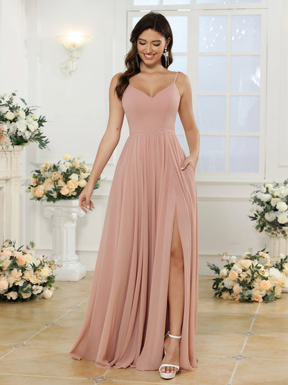 Robe de Mariée Longue à Bretelles Spaghetti et Coupe Princesse avec Fente Sur Le Côté