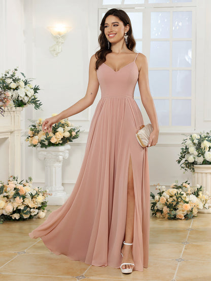 Robe de Mariée Longue à Bretelles Spaghetti et Coupe Princesse avec Fente Sur Le Côté