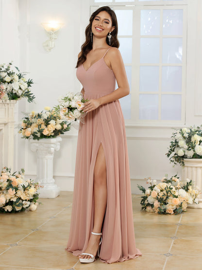 Robe de Mariée Longue à Bretelles Spaghetti et Coupe Princesse avec Fente Sur Le Côté