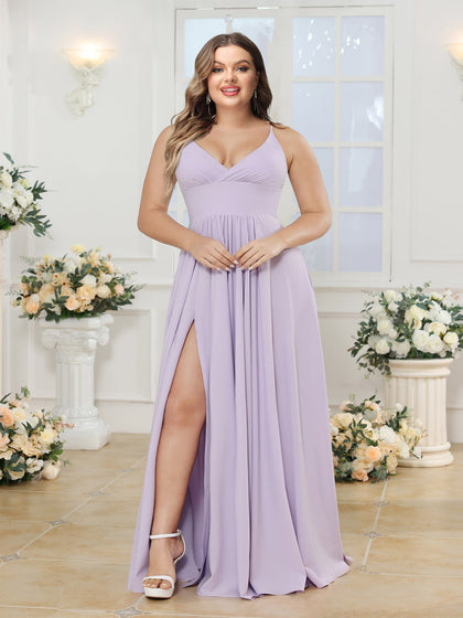 Robe de Mariée Longue Grande Taille, Coupe Trapèze/Princesse, Bretelles Spaghetti, Fente Latérale