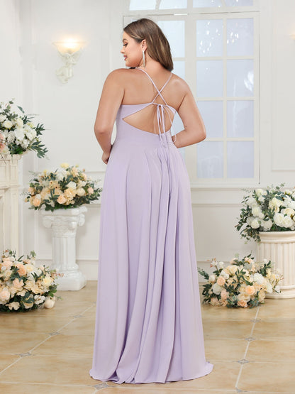 Robe de Mariée Longue Grande Taille, Coupe Trapèze/Princesse, Bretelles Spaghetti, Fente Latérale