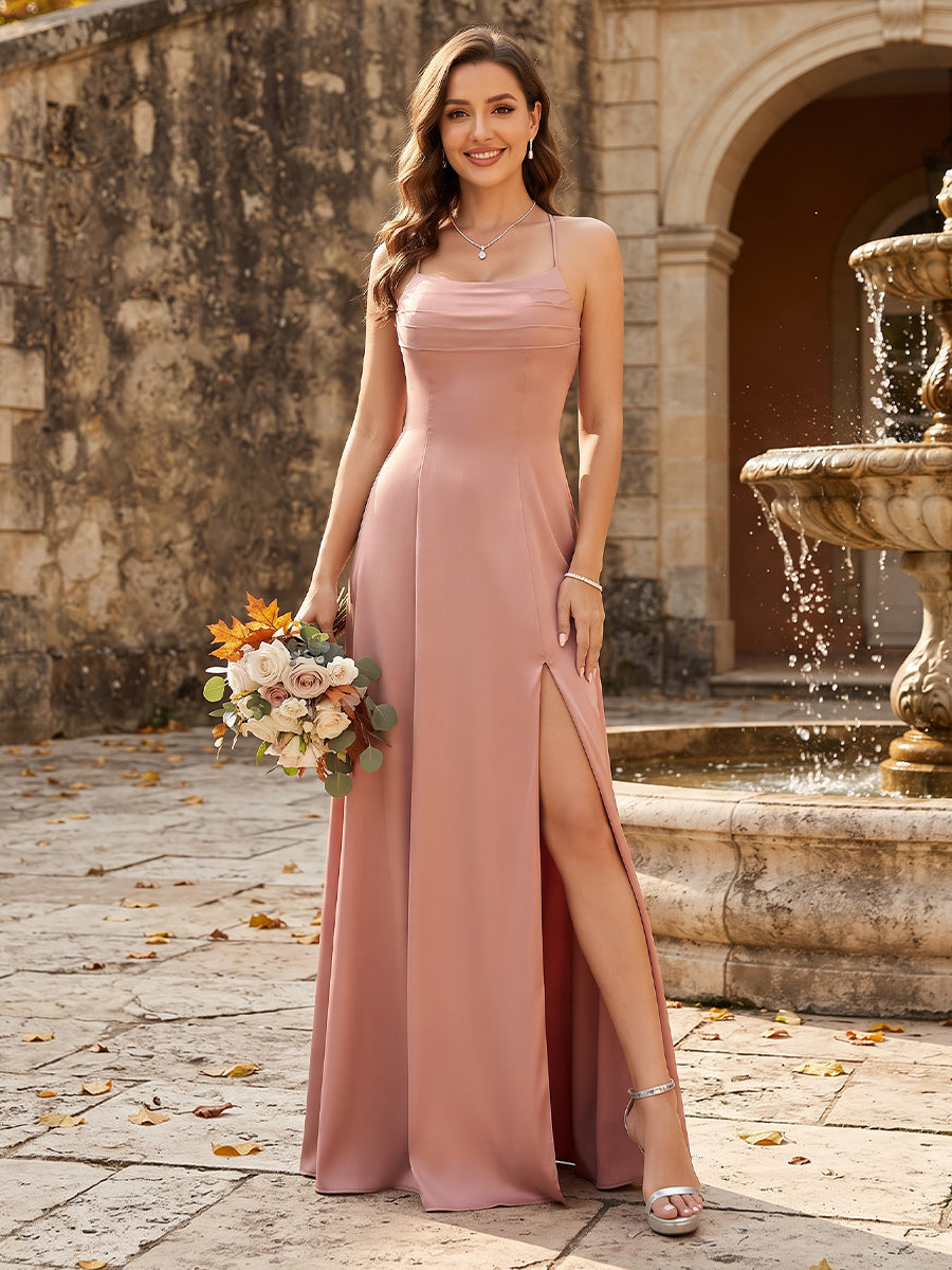 Robe de Mariée Longue à Bretelles Spaghetti et Coupe Princesse avec Fente Sur Le Côté