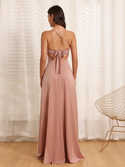 Robe de Mariée Longue à Bretelles Spaghetti et Coupe Princesse avec Fente Sur Le Côté