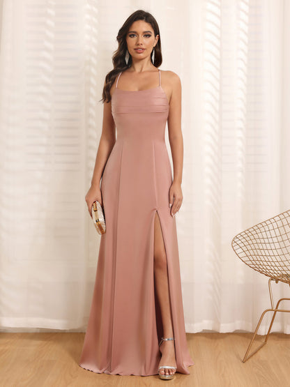 Robe de Mariée Longue à Bretelles Spaghetti et Coupe Princesse avec Fente Sur Le Côté