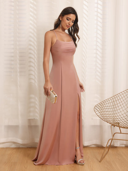 Robe de Mariée Longue à Bretelles Spaghetti et Coupe Princesse avec Fente Sur Le Côté