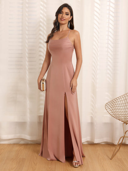 Robe de Mariée Longue à Bretelles Spaghetti et Coupe Princesse avec Fente Sur Le Côté