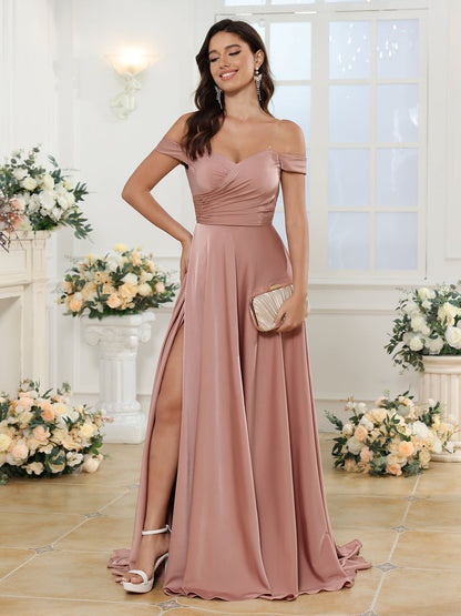 Robe de Mariée Longue à Épaules Dénudées et Coupe Princesse avec Fente Sur Le Côté