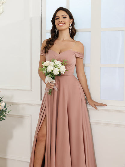 Robe de Mariée Longue à Épaules Dénudées et Coupe Princesse avec Fente Sur Le Côté
