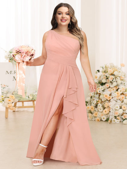 Robe de Demoiselled'Honneur Longue Grande Taille, Coupe A-Line/Princesse, Asymétrique avec Fente Latérale