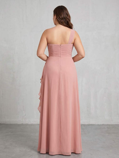 Robe Longue de Demoiselle d'Honneur Grande Taille Ligne A/Princesse Asymétrique à une épaule Fendue sur le côté & Ruchée