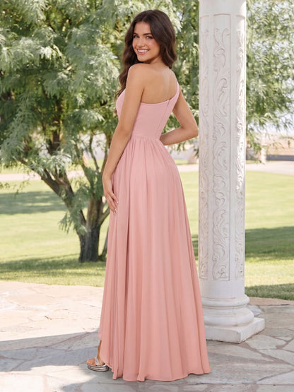 Robes de mariée trapèze/princesse, épaule dénudée, fente latérale, longueur au sol
