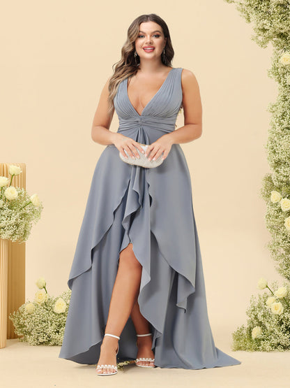 Robe de Demoiselled'Honneur Grande Taille Asymétrique à Col en V et Volants, Coupe A-Line/Princesse