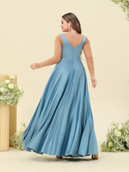 Robe de Demoiselled'Honneur Grande Taille, Coupe Trapèze/Princesse, Longueur au Sol, Sans Manches, à Volants avec Fente Sur le Côté