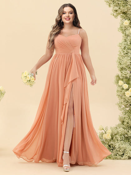 Robe de Demoiselled'Honneur Grande Taille, Coupe Trapèze/Princesse, Longueur au Sol, Bretelles Spaghetti, Volants avec Fente Sur le Côté