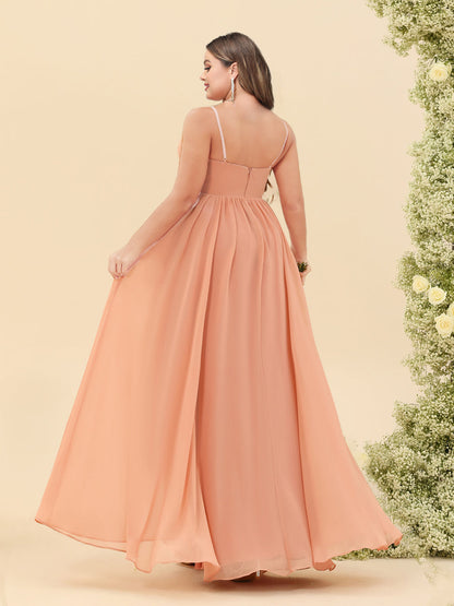 Robe de Demoiselled'Honneur Grande Taille, Coupe Trapèze/Princesse, Longueur au Sol, Bretelles Spaghetti, Volants avec Fente Sur le Côté