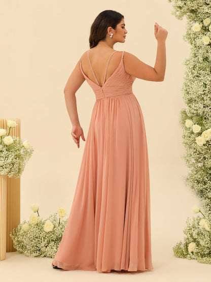 Robe de Demoiselle d'Honneur Grande Taille Coupe A-Line/Princesse Longueur Au Sol Bretelles Spaghetti Volants