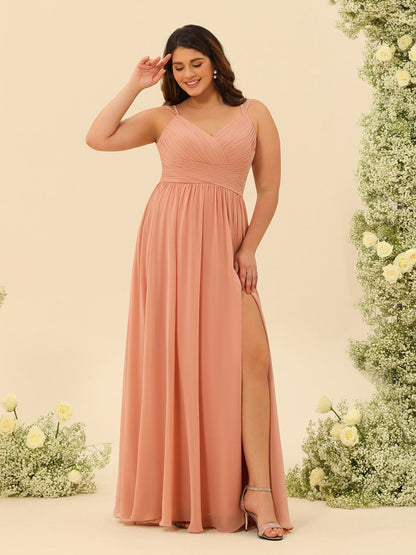 Robe de Demoiselle d'Honneur Grande Taille Coupe A-Line/Princesse Longueur Au Sol Bretelles Spaghetti Volants