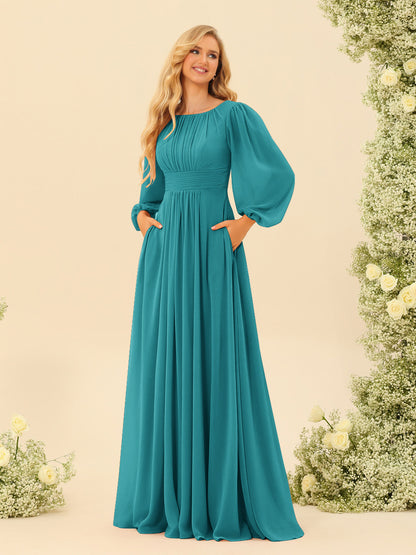 Robe de Demoiselle d'Honneur Coupe A-Line/Princess Longueur Au Sol Manches Longues avec Ceinture