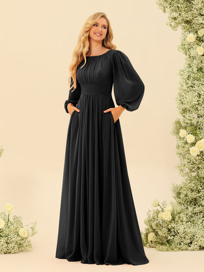 Robe de Demoiselle d'Honneur Coupe A-Line/Princess Longueur Au Sol Manches Longues avec Ceinture
