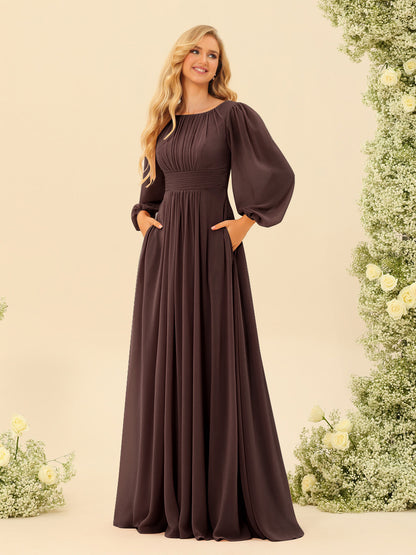 Robe de Demoiselle d'Honneur Coupe A-Line/Princess Longueur Au Sol Manches Longues avec Ceinture