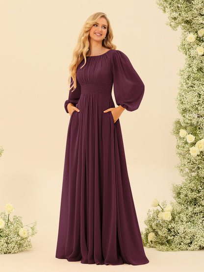 Robe de Demoiselle d'Honneur Coupe A-Line/Princess Longueur Au Sol Manches Longues avec Ceinture