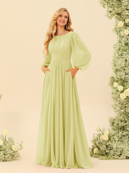 Robe de Demoiselle d'Honneur Coupe A-Line/Princess Longueur Au Sol Manches Longues avec Ceinture