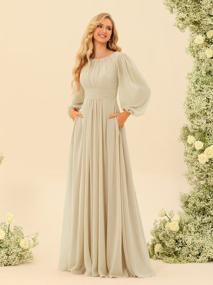 Robe de Demoiselle d'Honneur Coupe A-Line/Princess Longueur Au Sol Manches Longues avec Ceinture