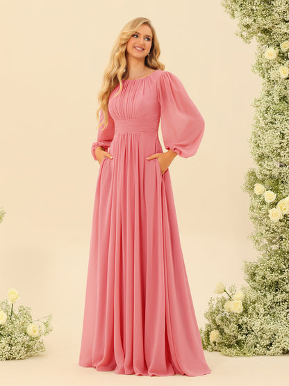 Robe de Demoiselle d'Honneur Coupe A-Line/Princess Longueur Au Sol Manches Longues avec Ceinture