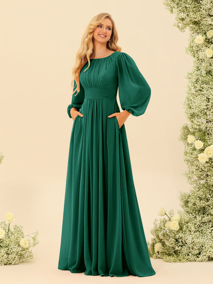 Robe de Demoiselle d'Honneur Coupe A-Line/Princess Longueur Au Sol Manches Longues avec Ceinture