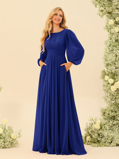 Robe de Demoiselle d'Honneur Coupe A-Line/Princess Longueur Au Sol Manches Longues avec Ceinture