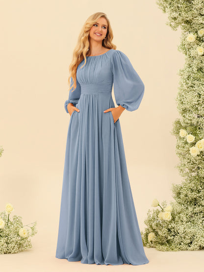 Robe de Demoiselle d'Honneur Coupe A-Line/Princess Longueur Au Sol Manches Longues avec Ceinture