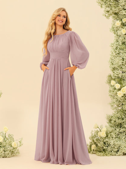 Robe de Demoiselle d'Honneur Coupe A-Line/Princess Longueur Au Sol Manches Longues avec Ceinture