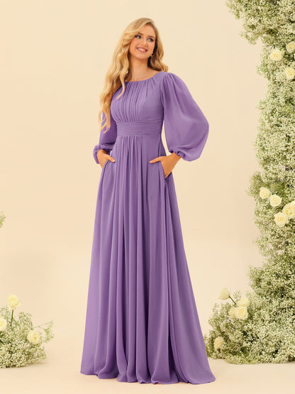 Robe de Demoiselle d'Honneur Coupe A-Line/Princess Longueur Au Sol Manches Longues avec Ceinture