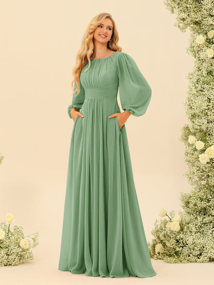 Robe de Demoiselle d'Honneur Coupe A-Line/Princess Longueur Au Sol Manches Longues avec Ceinture