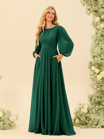 Robe de Demoiselle d'Honneur Coupe A-Line/Princess Longueur Au Sol Manches Longues avec Ceinture
