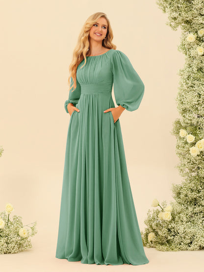 Robe de Demoiselle d'Honneur Coupe A-Line/Princess Longueur Au Sol Manches Longues avec Ceinture