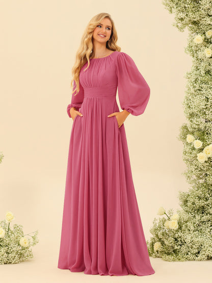 Robe de Demoiselle d'Honneur Coupe A-Line/Princess Longueur Au Sol Manches Longues avec Ceinture