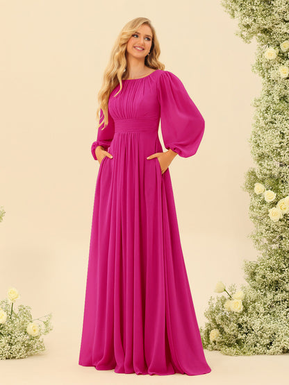 Robe de Demoiselle d'Honneur Coupe A-Line/Princess Longueur Au Sol Manches Longues avec Ceinture