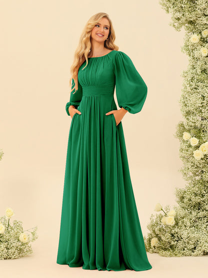 Robe de Demoiselle d'Honneur Coupe A-Line/Princess Longueur Au Sol Manches Longues avec Ceinture