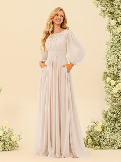 Robe de Demoiselle d'Honneur Coupe A-Line/Princess Longueur Au Sol Manches Longues avec Ceinture