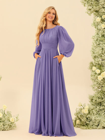 Robe de Demoiselle d'Honneur Coupe A-Line/Princess Longueur Au Sol Manches Longues avec Ceinture