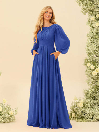 Robe de Demoiselle d'Honneur Coupe A-Line/Princess Longueur Au Sol Manches Longues avec Ceinture