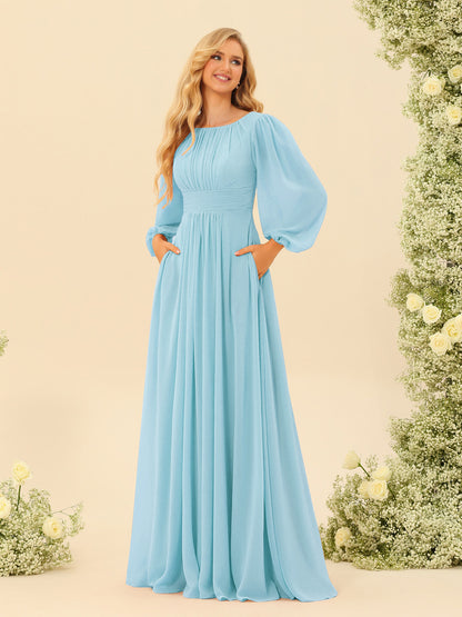 Robe de Demoiselle d'Honneur Coupe A-Line/Princess Longueur Au Sol Manches Longues avec Ceinture