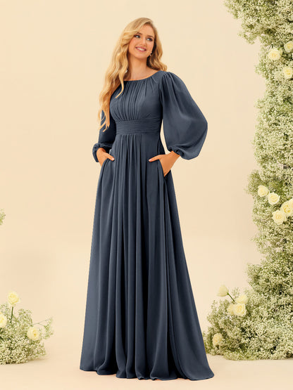 Robe de Demoiselle d'Honneur Coupe A-Line/Princess Longueur Au Sol Manches Longues avec Ceinture