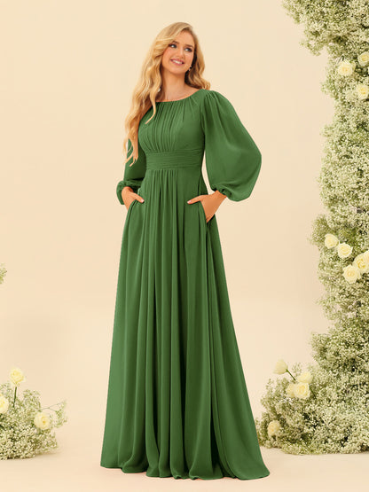 Robe de Demoiselle d'Honneur Coupe A-Line/Princess Longueur Au Sol Manches Longues avec Ceinture