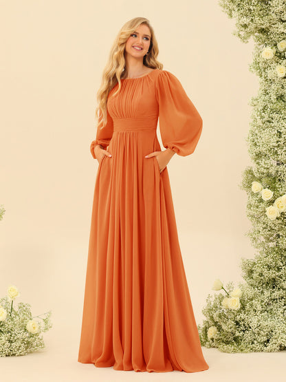 Robe de Demoiselle d'Honneur Coupe A-Line/Princess Longueur Au Sol Manches Longues avec Ceinture