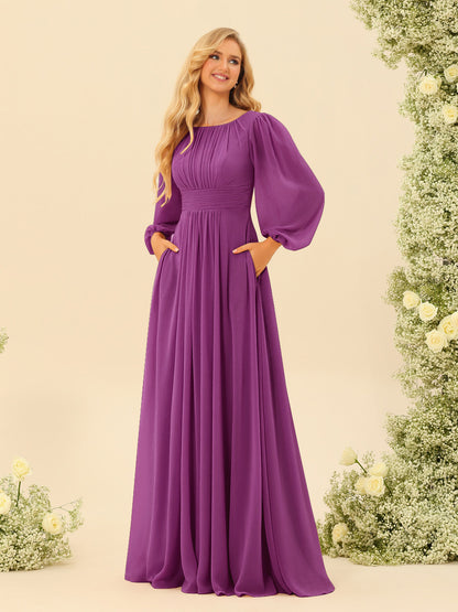 Robe de Demoiselle d'Honneur Coupe A-Line/Princess Longueur Au Sol Manches Longues avec Ceinture