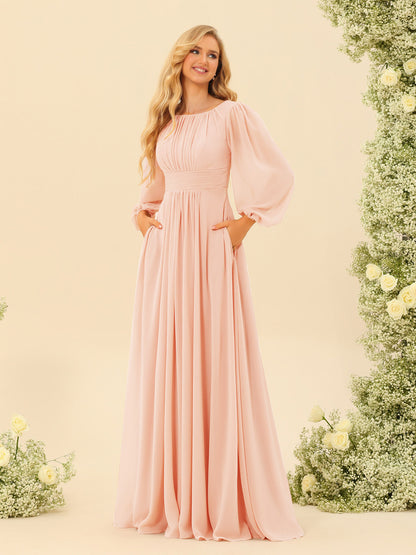 Robe de Demoiselle d'Honneur Coupe A-Line/Princess Longueur Au Sol Manches Longues avec Ceinture